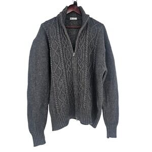Inis Meain Aran Cable Cashmere Wool Full Zip Sweater XL Mock Neck Charcoal Gray